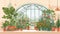 Illustration of a greenhouse with a large number of green plants