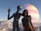 Illustration of a grey alien having an arm over the shoulders of a human woman while giving a peace sign on an extraterrestrial