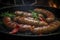 illustration, grilling sausages with vegetables, ai generative