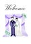 Illustration of the groom with the bride on the backgrond og the wedding arch with flowers. Wedding in lavander color