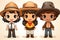 Illustration of a group of children wearing safari hats on a white background