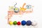 Illustration with group of cute cats and colorful wool balls