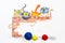 Illustration with group of cute cats and colorful wool balls