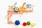 Illustration with group of cute cats and colorful wool balls