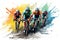 Illustration of a group of cyclists on a road bike racing, Cyclists team riding on bicycles, color drawing. Bike race banner, AI