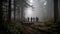 Illustration of a group of friends hiking through a dense forest on a misty morning.