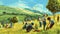 Illustration of a group of people coming together to celebrate Earth Day. Planting trees in a lush green field.