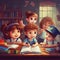 Illustration of a group of schoolchildren reading a book in the classroom.. Cute young pupils reading a book at a table in school