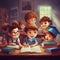 Illustration of a group of schoolchildren reading a book in the classroom.. Cute young pupils reading a book at a table in school