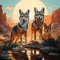 illustration of a group of three wild coyotes standing in the desert. generative ai