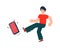 Illustration of a guy kicking a smartphone. Vector. The ban on the use of cell phones. Flat style. Say no to zombie mobile devices