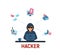 Illustration Hacker activity. Hacker at the computer stealing confidential data.