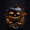 Illustration of a Halloween Holiday Theme with Scary Pumpkin and Autumn Leaves on Dark Background. Spooky Season Design