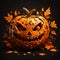 Illustration of a Halloween Holiday Theme with Scary Pumpkin and Autumn Leaves on Dark Background. Spooky Season Design