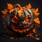 Illustration of a Halloween Holiday Theme with Scary Pumpkin and Autumn Leaves on Dark Background. Spooky Season Design