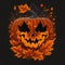 Illustration of a Halloween Holiday Theme with Scary Pumpkin and Autumn Leaves on Dark Background. Spooky Season Design