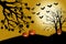 Illustration of Halloween landscape with pumpkins in the dead grass. The moon shines bright and the bats fly hunting for insects