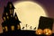Illustration of a Halloween party night background with dancing skeletons and mummies, a full moon and a haunted castle. Pumpkins