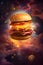 Illustration of a hamburger against a background of space and sky