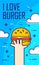 Illustration with hand, clouds and burger on blue background. Thin line flat design card. Vector banner