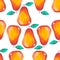 Illustration hand-painted acrylic gouache Seamless pattern Exotic fruit pear leaf on white background