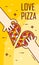 Illustration with hands and half of pizza. Vector banner for fast food. Thin line flat design