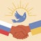 Illustration of hands under the flags of Russia and Ukraine in reaching out to meet each other. Dove of peace in the