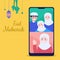 Illustration happiness muslim character family video call conference celebrating Eid Mubarak vector stock design