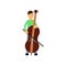 Illustration of happy brunette male character contrabass player. Artist young man musician playing double bass. Cartoon
