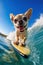 Illustration of a happy Chihuahua surfing on a wave in tropical waters. Generative AI