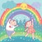 Illustration with happy children, rainbow, rain, s