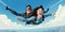 Illustration of A happy couple jumps with a parachute, experiencing the thrill of adventure and freedom, and enjoying