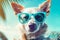 Illustration of happy dog wearing sunglasses. Funny humorous banner, summer holidays. Generative AI