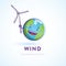 Illustration of a happy Earth character holding a wind turbine