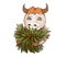 Illustration of a happy fair cow with red hair and horns holding an armful of fresh greens