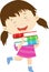 Illustration of happy little Girl carrying stack of books