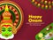 Illustration of Happy Onam traditional red decorated mandala background with kathakali dancer face, traditional food sadya