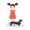 Illustration of happy smiling girl with her dachshund