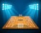 An illustration of hardwood perspective Futsal court or field with bright stadium lights design. Vector EPS 10. Room for copy