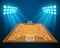 An illustration of hardwood perspective handball field, cort with bright stadium lights design. Vector EPS 10. Room for copy