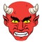 Illustration of the head of a demon, red with a nervous guy with horns and yellow eyes. Ideal for institutional and religious