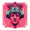 illustration head of statue with psychedelic cyber helmet on white background, cyberpunk style