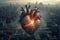 illustration of heart made of fiery lava on industrial city background. eco concept