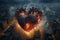 illustration of heart made of fiery lava on industrial city background. eco concept