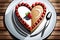 Illustration of a heart-shaped cake with strawberries on a wooden background, sweet Valentine dessert, generative ai