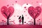 Illustration with hearts, couple, warm pink colors. Valentines Day illustration for postcard, banner,