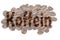 Illustration with highlighted German text Koffein against pale background of coffee beans