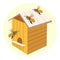 Illustration, honey and beekeeping, wooden beehive and bees. Brown-gold colors. Icon, print