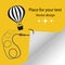Illustration hot air balloon with a rope and a fishing hook turning a page of a sheet of paper. Vector Eps.