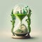 Illustration of an hourglass alongside a green eco-city